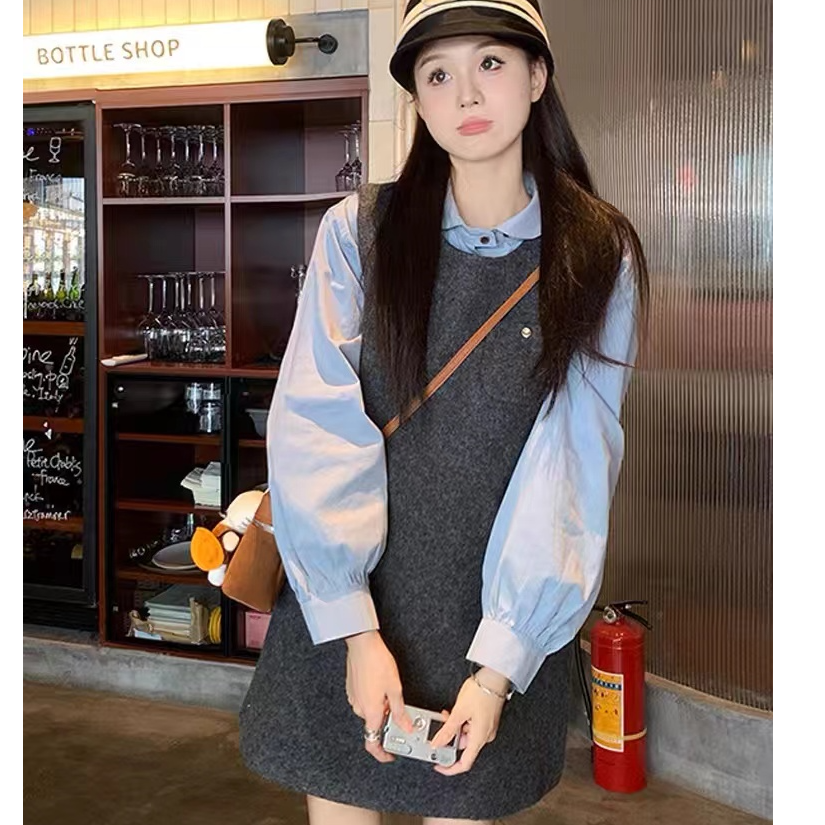 【毛毛专属】不规则扣衬衫+毛呢背心连衣裙 BAW60004 