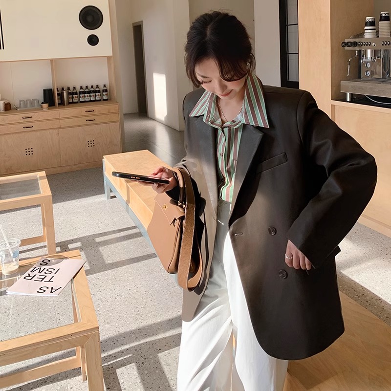 棕色高端皮衣女2025秋季新款皮夹克PU皮炸街高级感廓形西装外套女