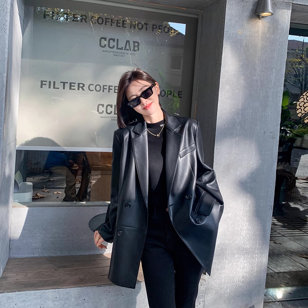 黑色西装皮衣外套女2025年秋冬季新款韩版宽松休闲高级设计感西服