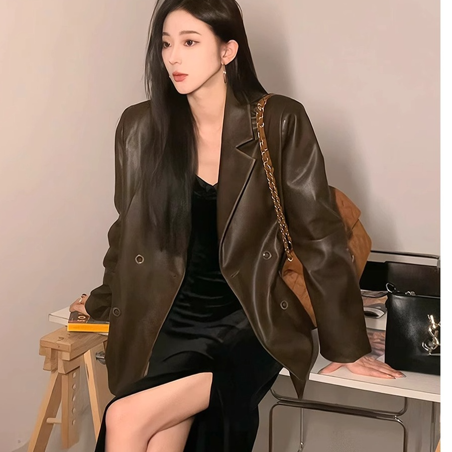 2025秋季新款黑色复古PU皮衣西装外套女宽松休闲气质高级感上衣女