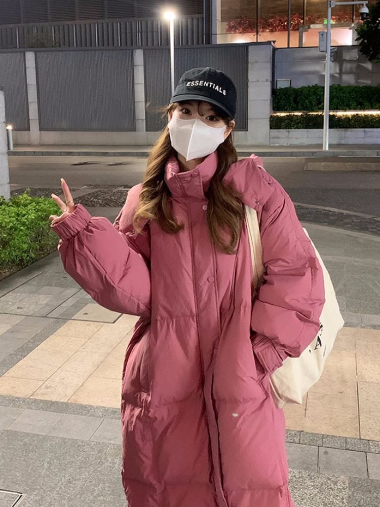 波司澄羽绒服树莓粉泡芙长款保暖女宽松显瘦过膝款面包服oversize