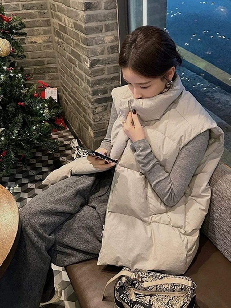 羽绒马甲女宽松保暖小欧包90白鸭绒立领马夹坎肩外套秋冬女装韩版