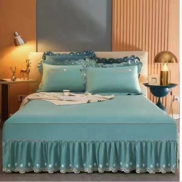 莫代尔纯色绣花简约斜纹加厚防滑防尘亲肤床罩床单保护套床裙芯罩