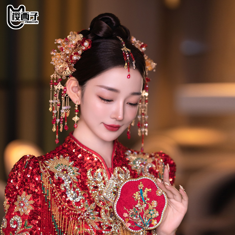 新中式发簪新娘头饰中式红色秀禾眉心坠流苏发簪手工古风超仙发饰