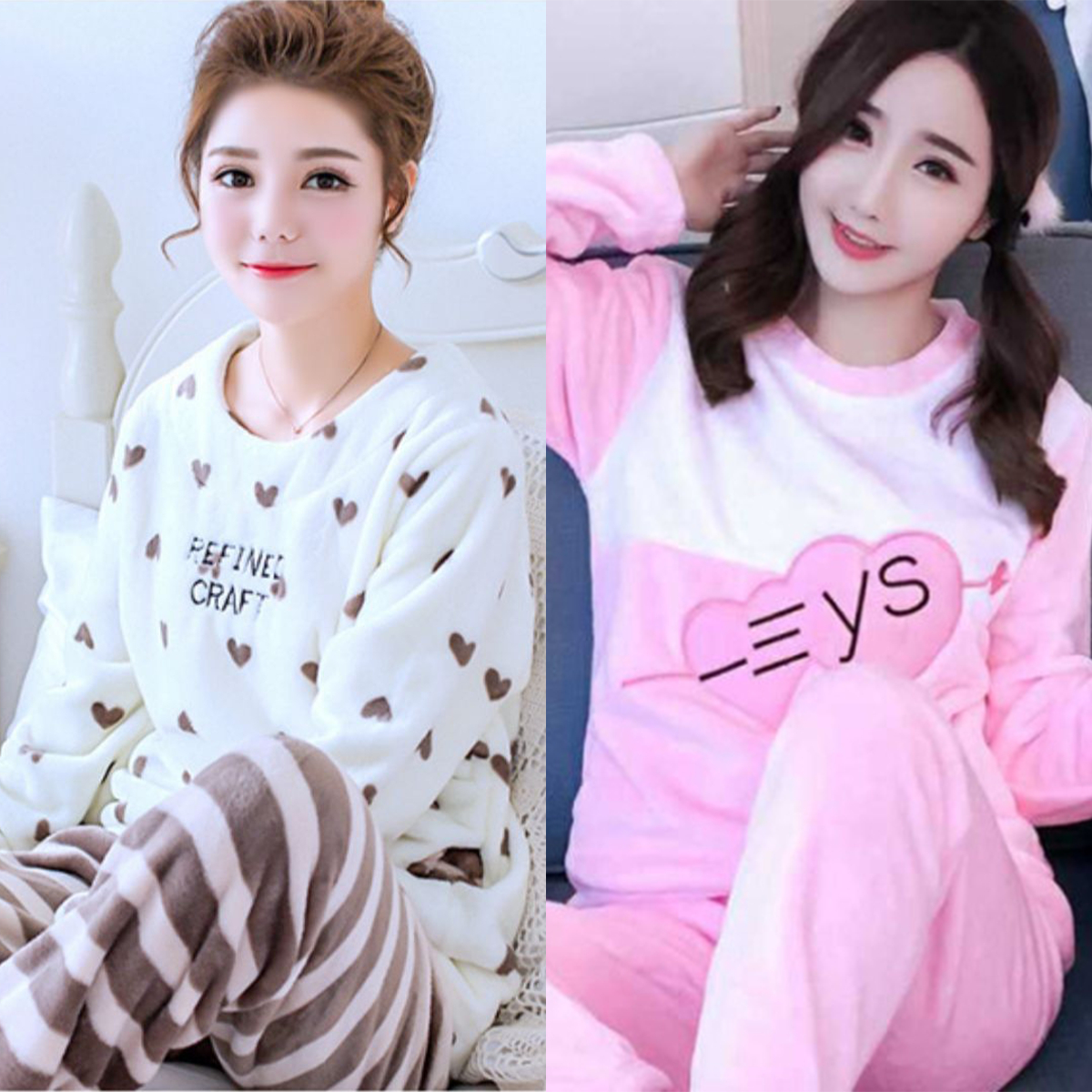 睡衣女珊瑚绒秋冬季家居服套装冬天圆领长袖加厚法兰绒可爱卡通秋