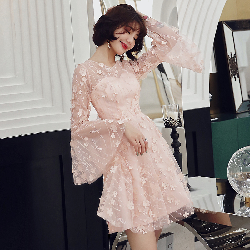 粉色宴会晚礼服女2023新款短款名媛小个子连衣裙洋装显瘦高贵气质