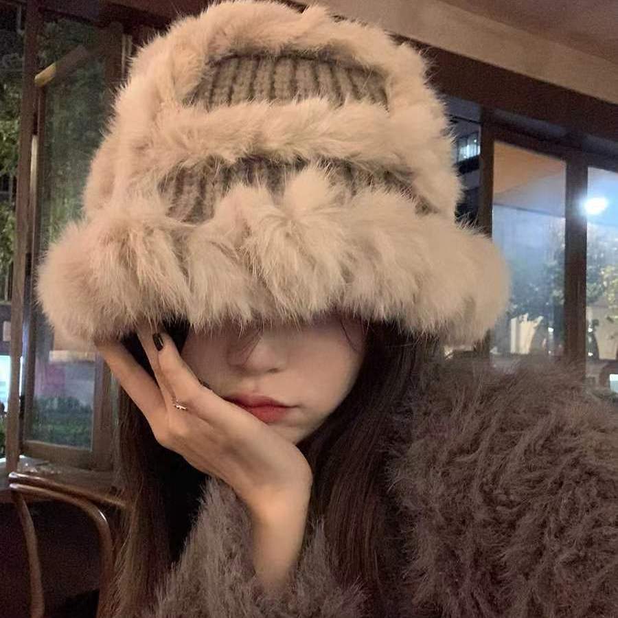 滑雪户外保暖毛绒帽子加厚版仿兔毛针织帽女秋冬季毛茸茸毛绒帽子
