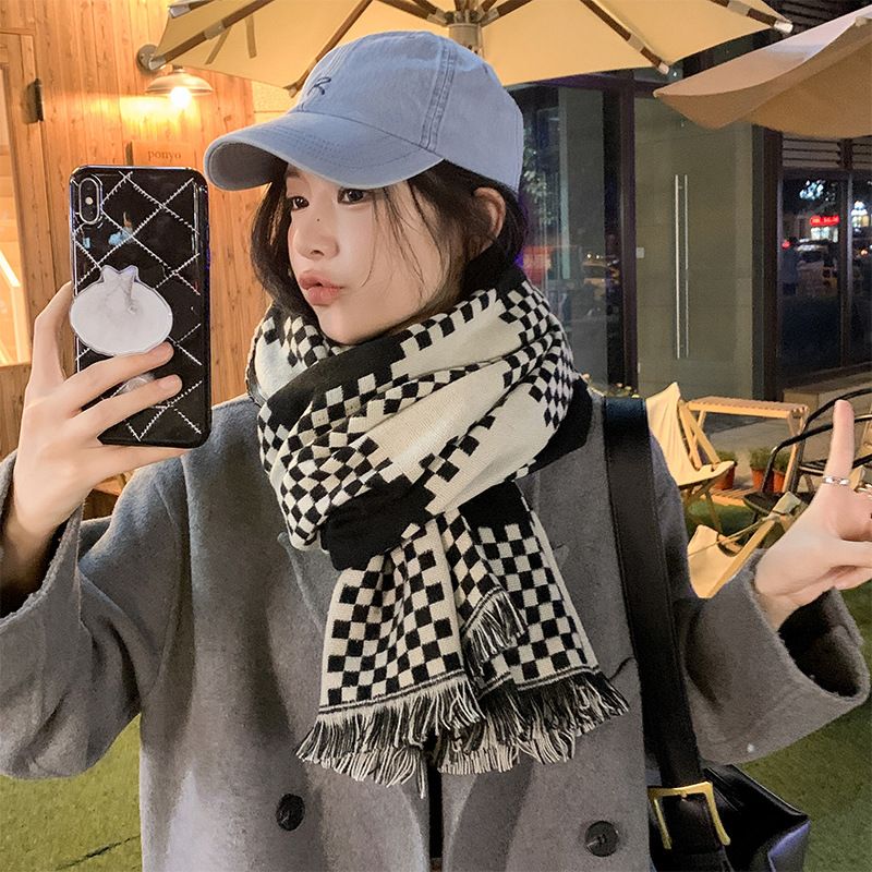 韩版复古披肩两用百搭保暖加厚围脖披风新款双面格子围巾女秋冬季