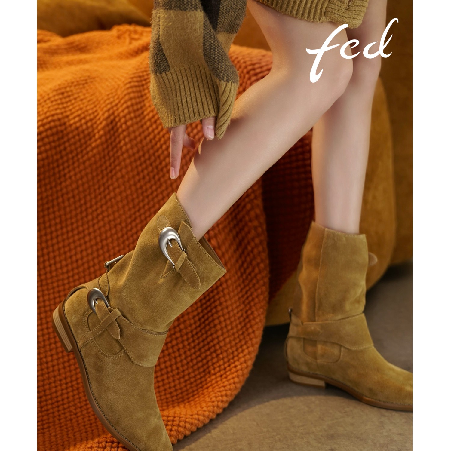 【阿勒泰】FED女鞋秋冬新款短靴复古真皮短筒切尔西靴DDH0158