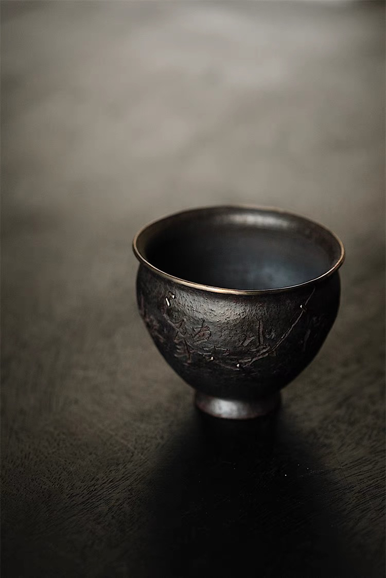 松风舍 松石系列主人杯杯口银锔钉 高足品茗杯可养