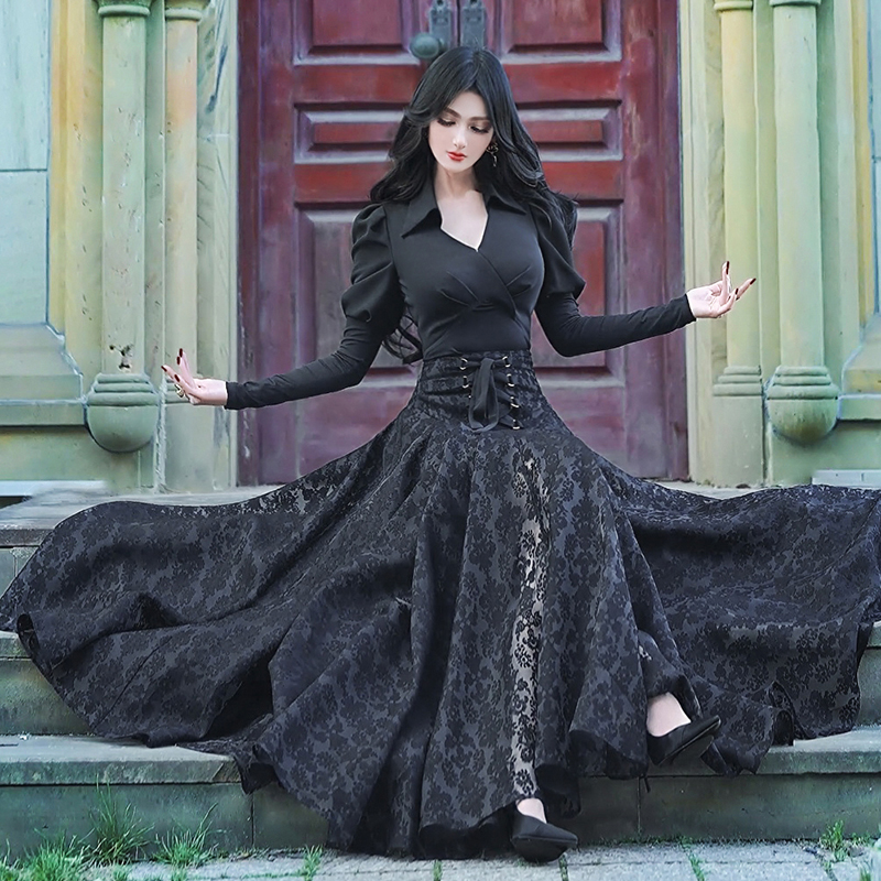 秋冬设计感大裙摆裙子新款抽绳收腰过膝中长款半身裙