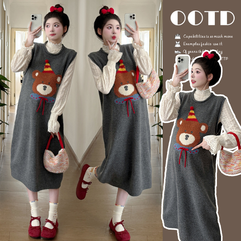 【KIKI严选】孕妇装秋冬季新款蕾丝上衣时尚毛衣背心裙孕妇两件套