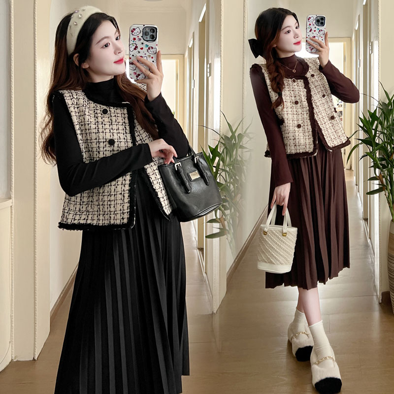 【KIKI严选】孕妇装秋冬连衣裙时尚气质马甲洋气百褶连衣裙两件套