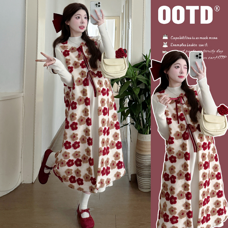  【KIKI严选】孕妇加厚甜美花朵马甲外套打底裙两件套秋冬万能穿搭