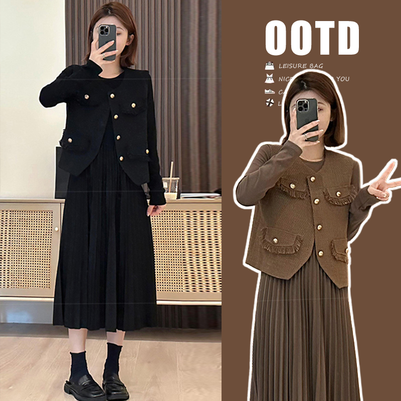 【KIKI严选】孕妇装秋装新款显瘦小香风马甲时尚长袖百褶孕妇连衣裙