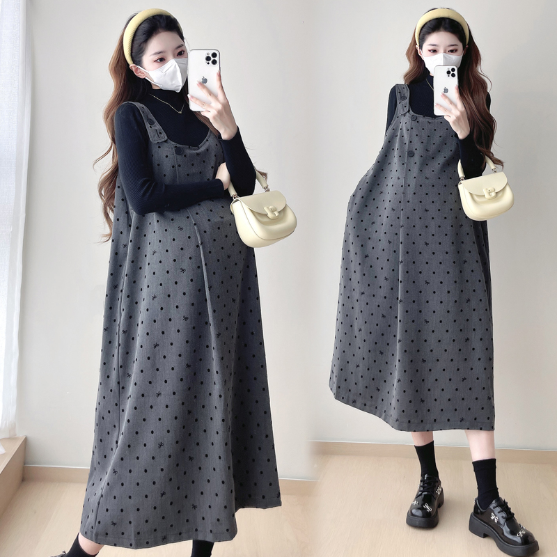 【KIKI严选】孕妇装秋冬连衣裙韩版新品波点蝴蝶结连衣裙毛衣两件套