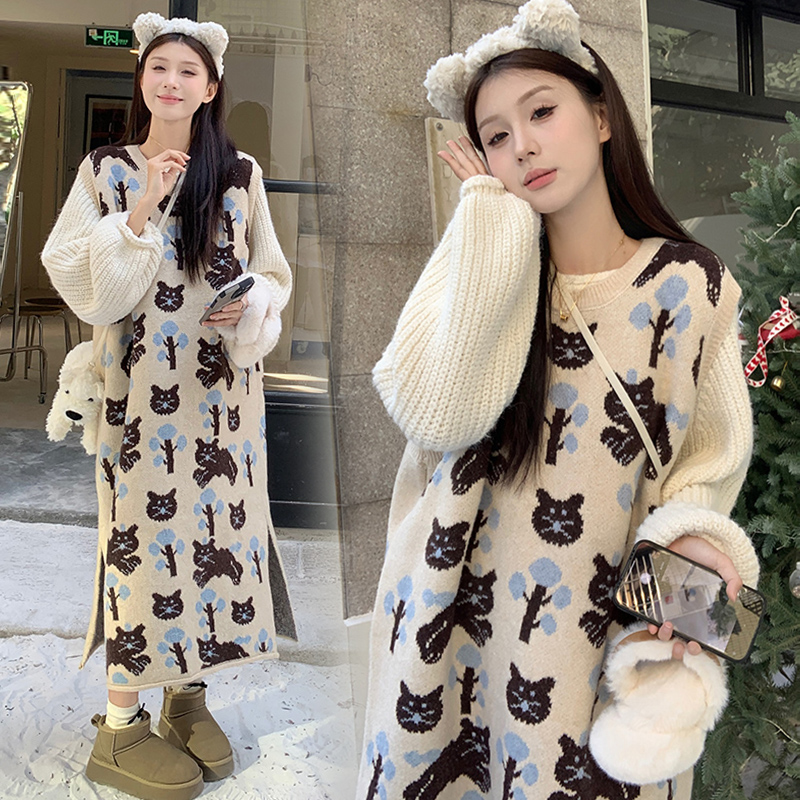 【KIKI严选】孕妇装秋冬韩系宽松上衣猫咪提花显瘦背心孕妇连衣裙