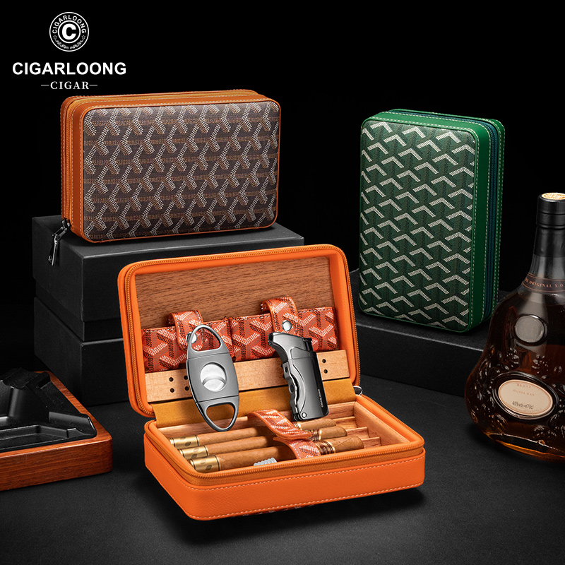 茄龙雪茄盒牛皮革便携雪茄剪打火机多功能保湿烟盒套装CLA-23IX1