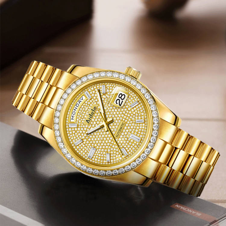 A-男士满钻奢华多功能潮流金色镶钻全自动机械手表-A683