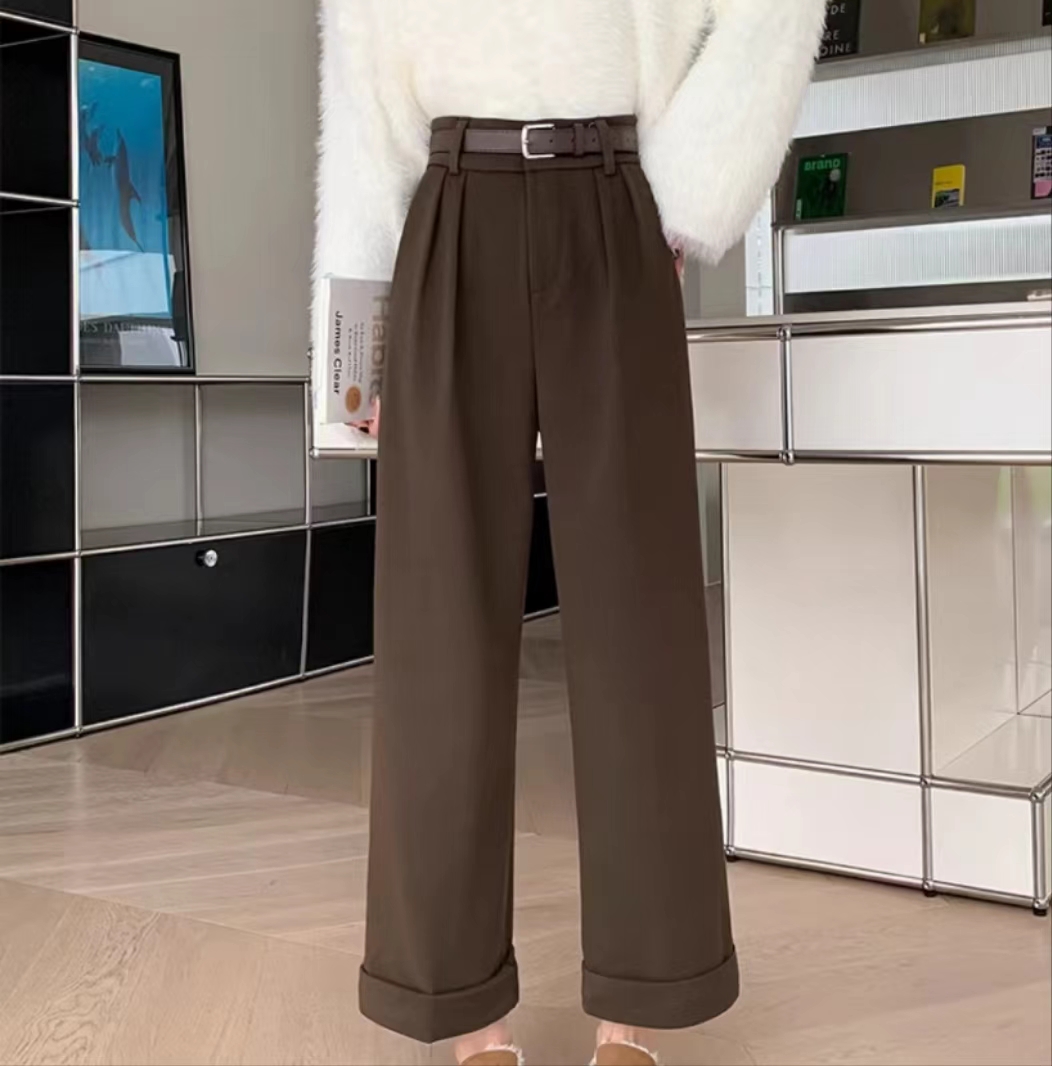 2025秋冬新款毛呢卷边窄版阔腿裤九分压褶西装裤高腰收腹直筒裤子