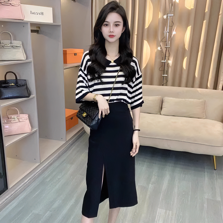 欧货2024减龄女装套装夏装条纹上衣配开又半身长裙洋气显瘦两件套