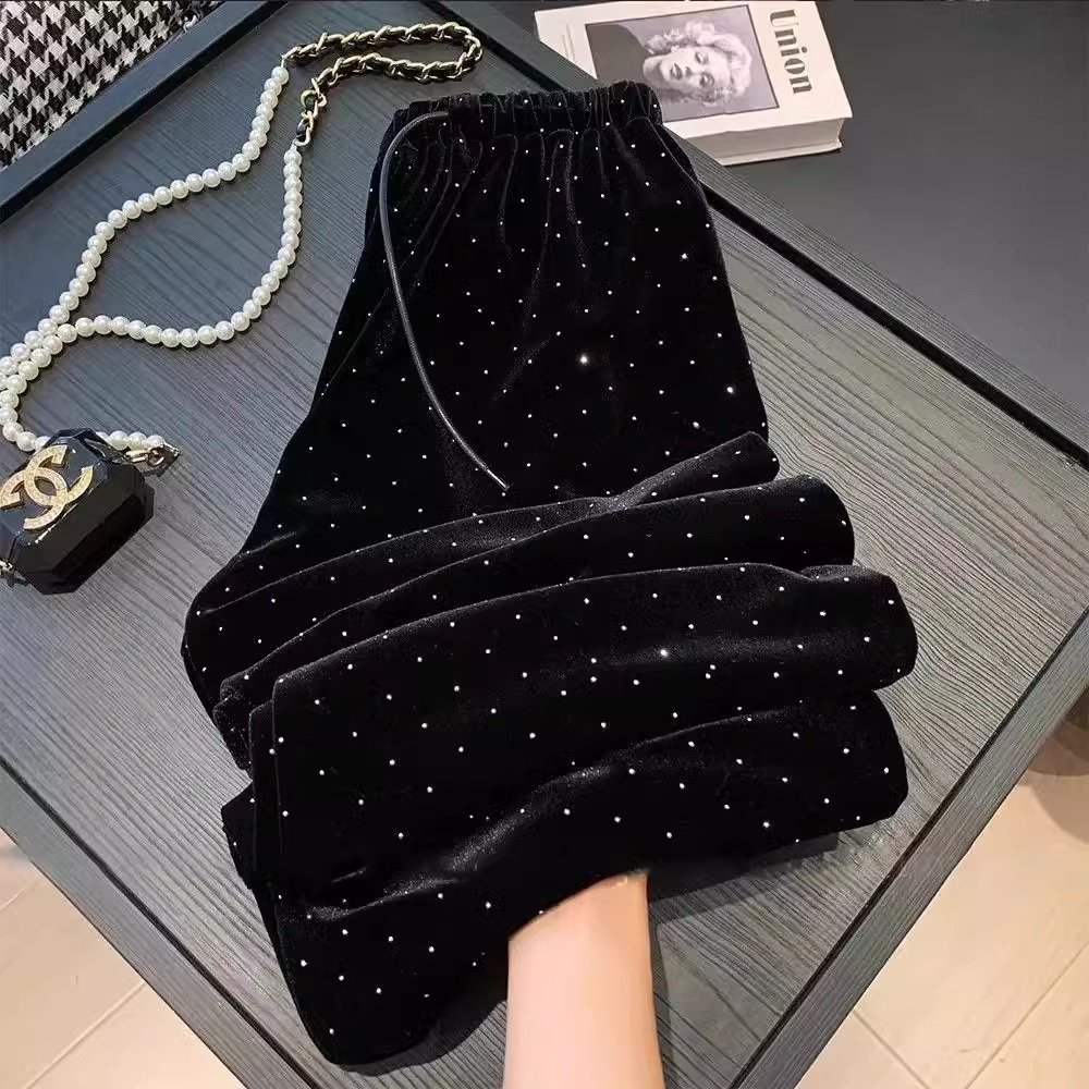 大码黑色春秋裤子重工烫钻金丝绒阔腿裤女抽绳显高休闲直筒长裤