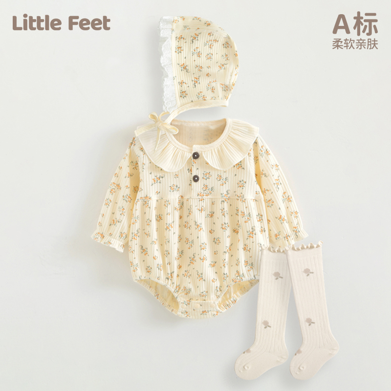 婴幼儿包屁衣秋冬季款纯棉满月女宝宝外出服洋气公主连体衣服套装