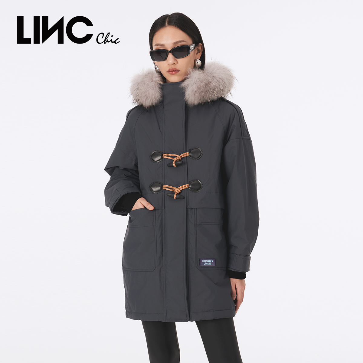 LINC金羽杰女羽绒服复古派克中长款女冬外套2044341