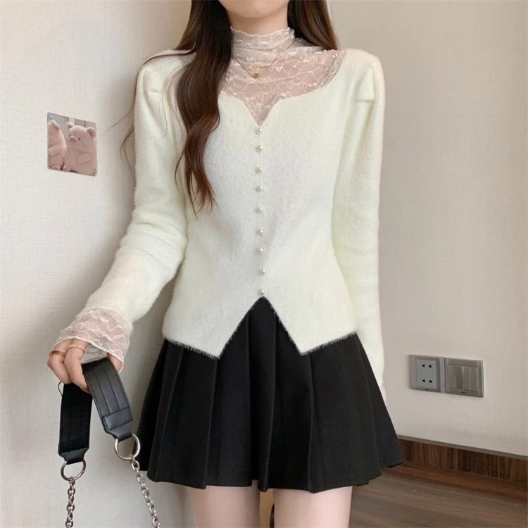 法式毛绒绒蕾丝拼接设计感秋冬气质修身显瘦长袖针织衫内搭上衣
