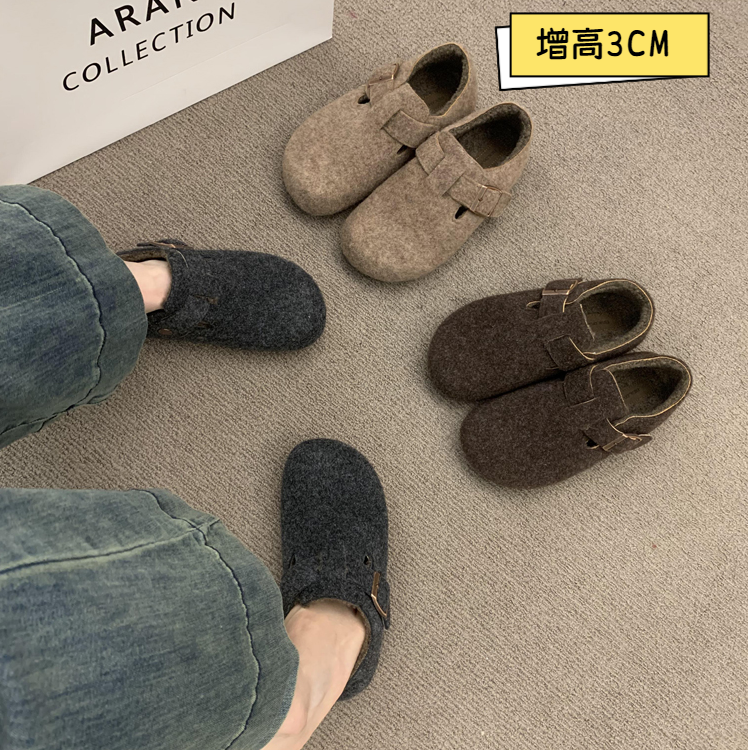 复古圆头毛毡加绒勃肯鞋女加绒秋冬季一脚蹬保暖棉瓢鞋毛呢乐福鞋