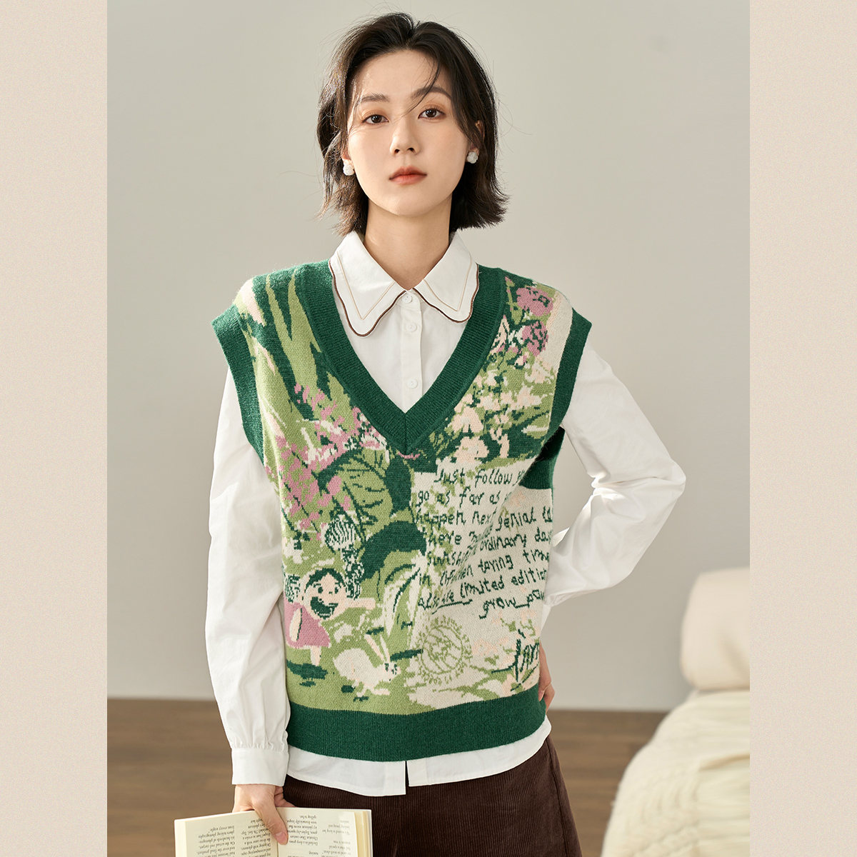 茵曼秋季新款米雷系列针织女装田园风V领套头趣味设计感马甲毛衣 