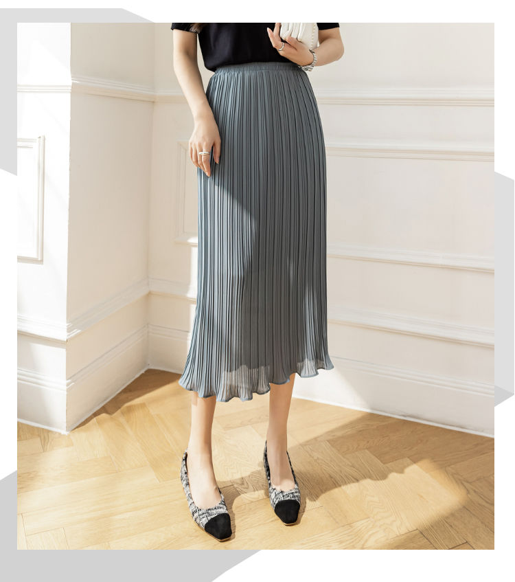 夏季新款雪纺百搭裙子高腰显瘦遮肉洋气休闲中长裙百褶A字半身裙