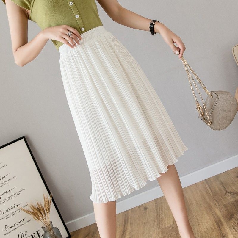 大码夏季新款女压褶裙子高腰显瘦洋气薄款中长款防走光显瘦半身裙