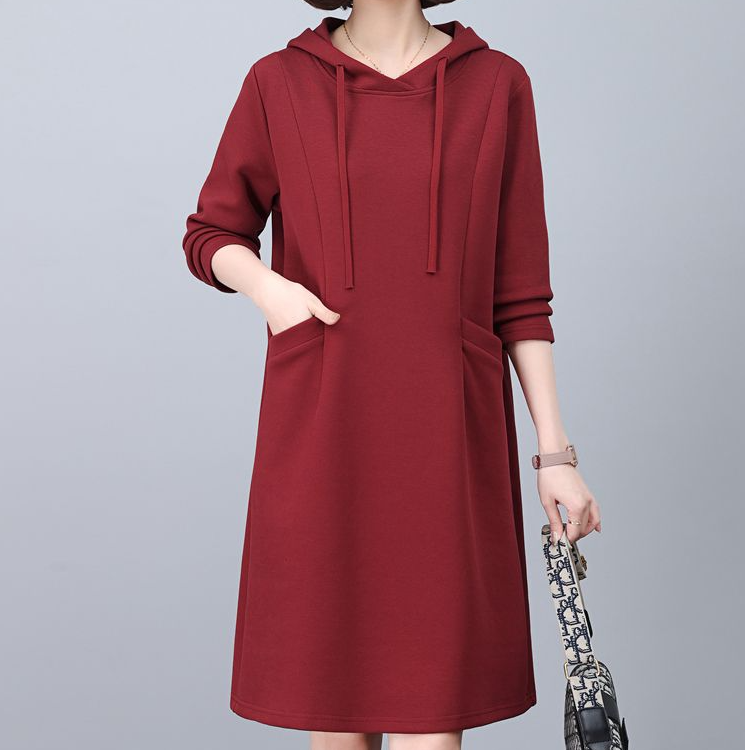 2025新年宽松加绒加厚中长款连帽红色卫衣新款洋气时尚秋冬连衣裙