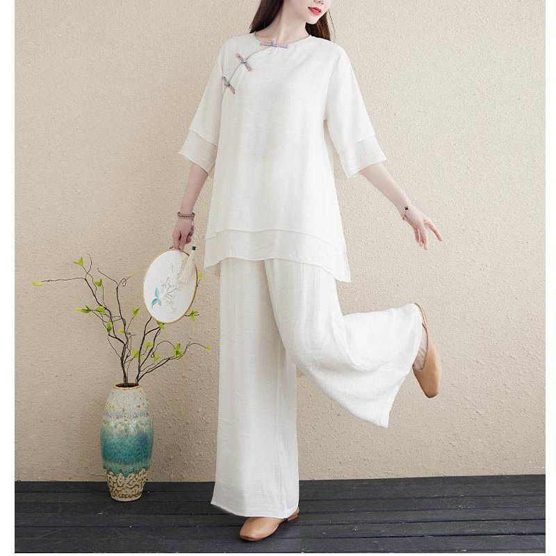 新款时尚休闲大码中国风套装夏天女士雪纺上衣宽松显瘦茶服两件套