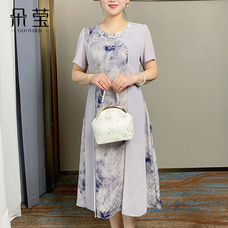 SL妈妈夏装圆领连衣裙时尚中长款宽松裙子中老年女夏季长裙8823