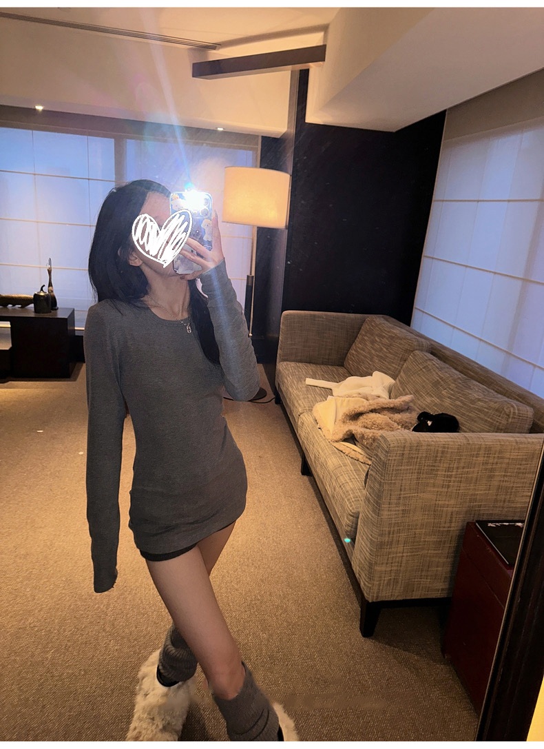 正肩长袖打底T恤女秋冬新款圆领内搭修身收腰冬季穿搭显瘦 8264#