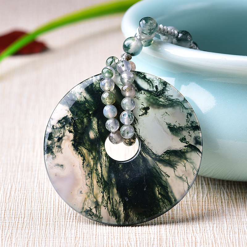 天然本地水草玛瑙平安扣吊坠男士女士同款带圆珠项链精美饰品