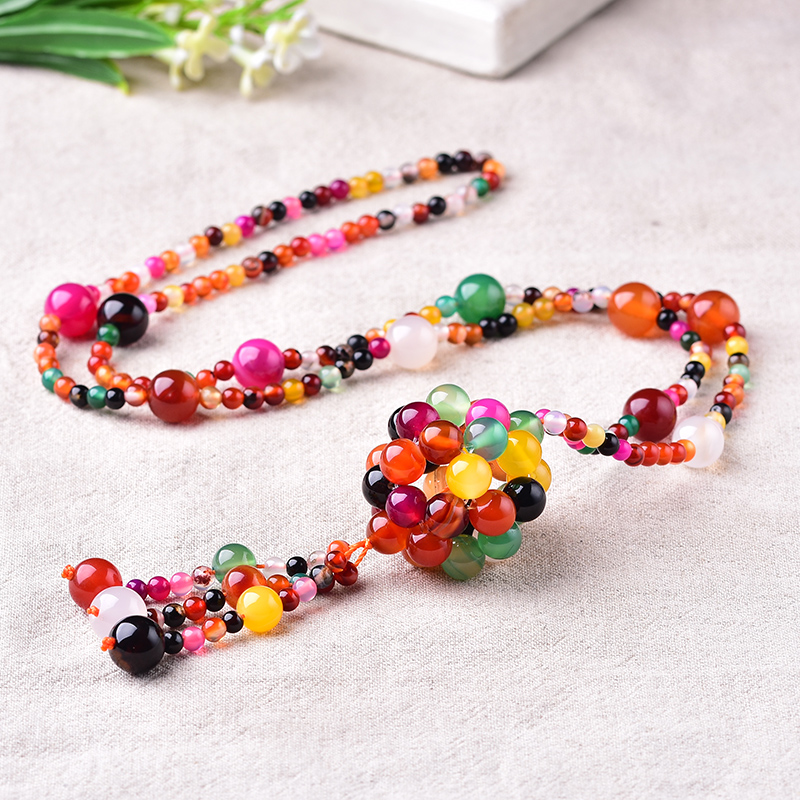 天然玛瑙圆珠长款粮果色毛衣项链手工编吊坠女士石来运转时尚项链