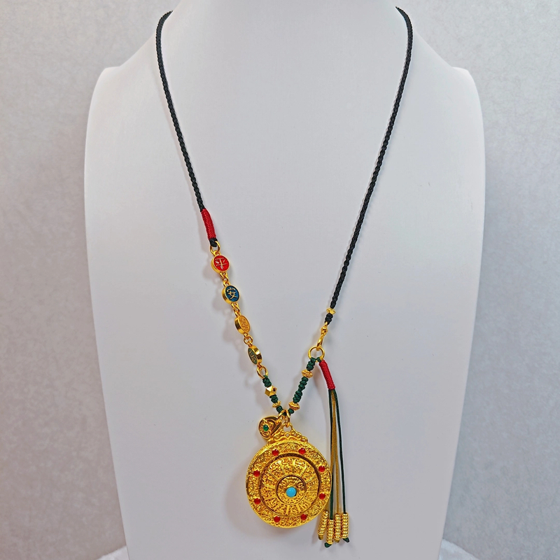 铜合金吊坠 新中式古法转动镶嵌罗盘设计款编绳 平安喜乐
