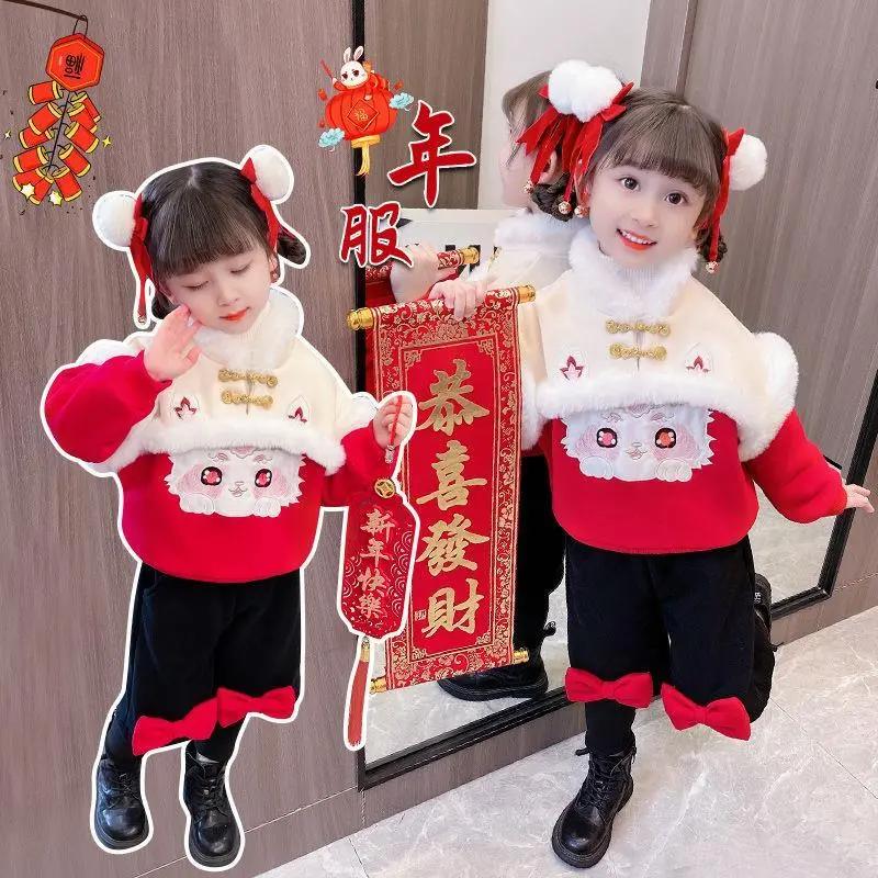女童冬季汉服套装冬装新款宝宝喜庆新年衣服加绒加厚拜年服两件套