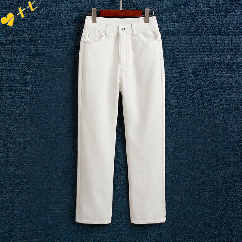 白色直筒裤子女2025冬季加绒高腰显瘦牛仔裤大码小个子窄版烟管裤