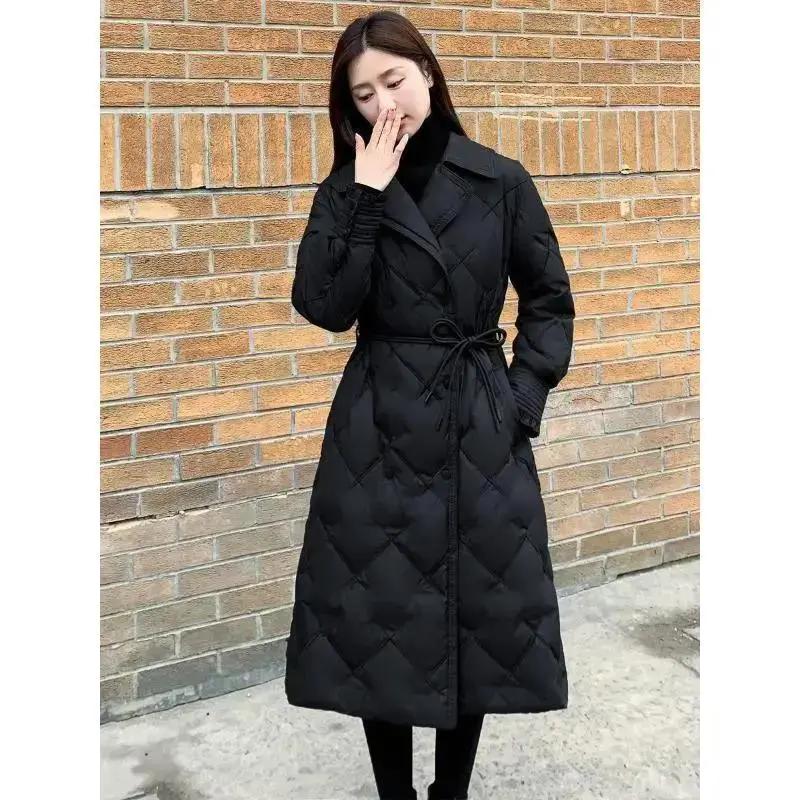 2023新款女装冬西装领黑色棉服女中长款收腰修身气质外套显瘦霏