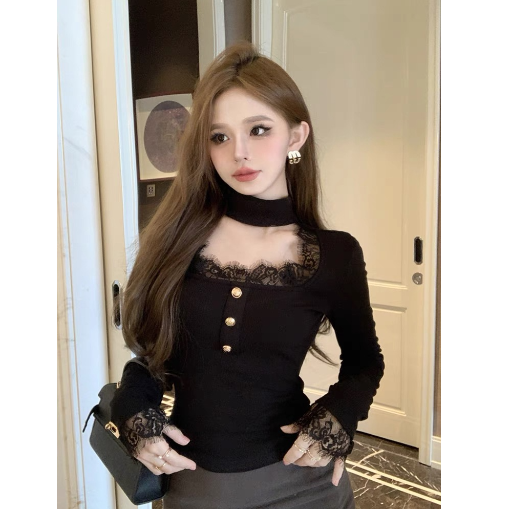 纯欲方领蕾丝拼接v领长袖t恤内搭抓绒打底衫女正肩修身上衣