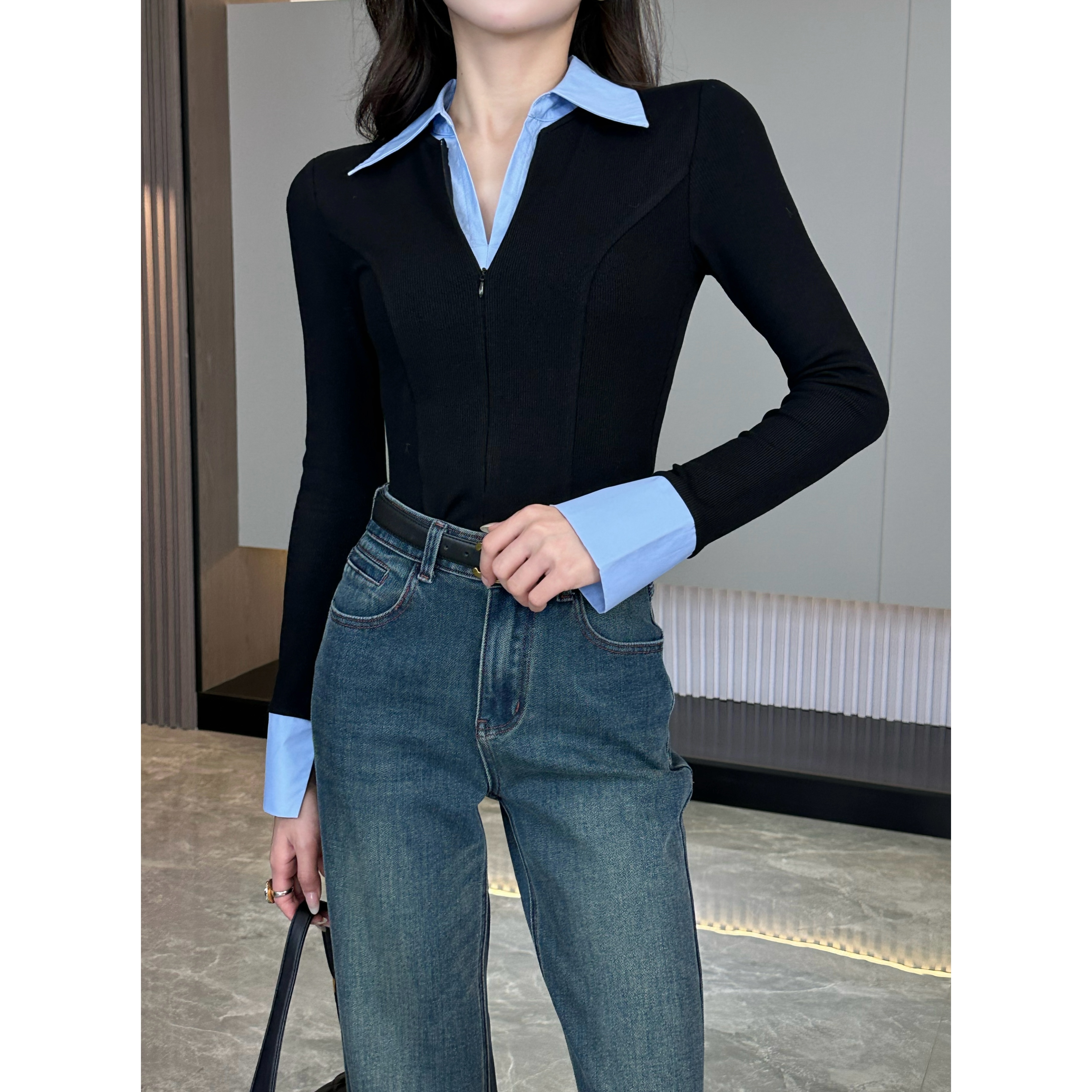 MEINA【剑桥时光】2.0秋冬高级百搭气质Polo领修身显瘦2025打底衫