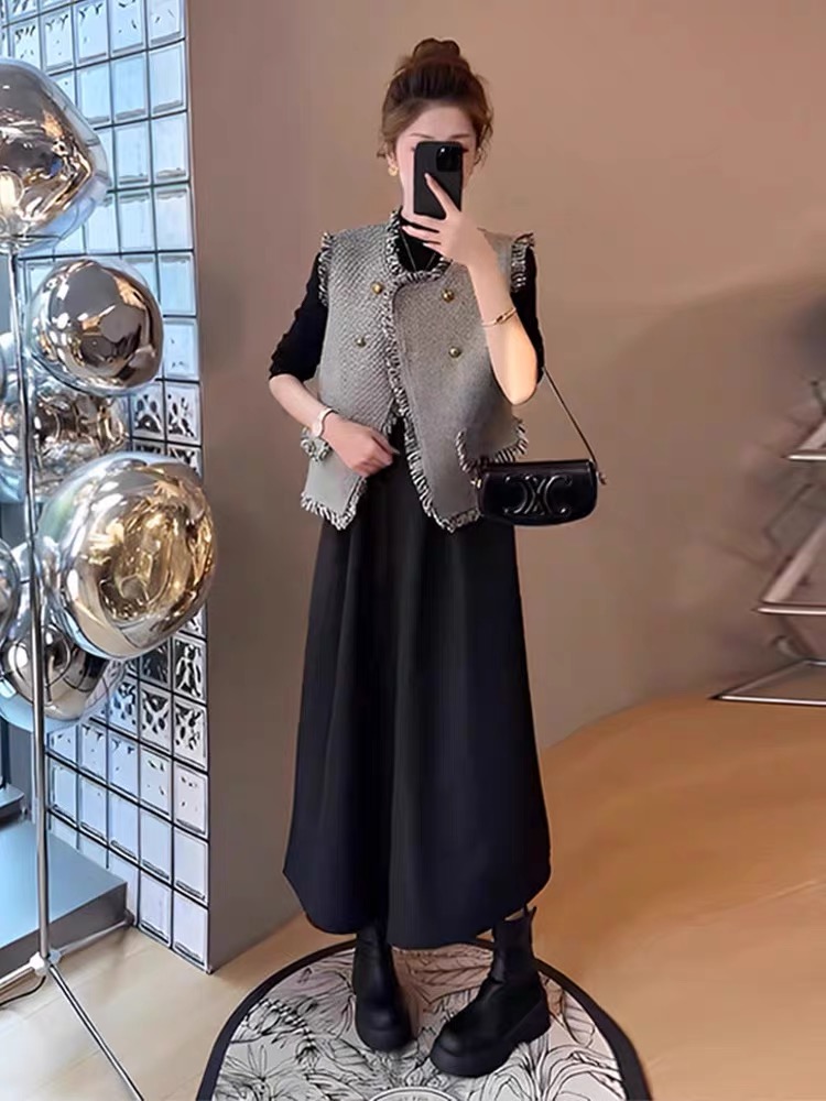 901-999【相对应编码下单】秋冬新款流苏马甲长袖连衣裙针织套装女