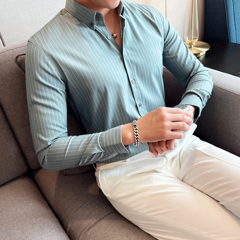 春秋新款男士修身长袖衬衫帅气条纹打底衫商务免烫抗皱韩版亲肤装