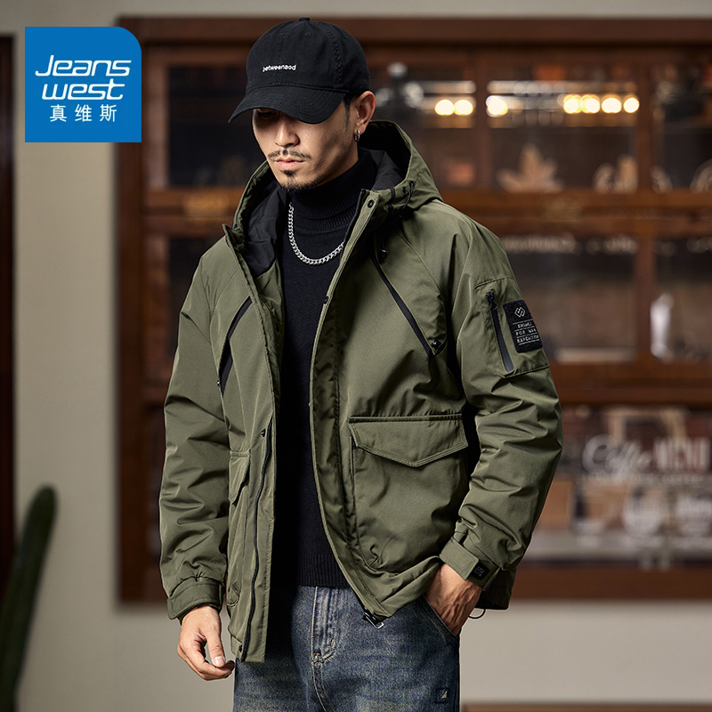 真维斯早秋款美式工装复古男士棉服秋季夹棉冲锋衣连帽外套男棉衣