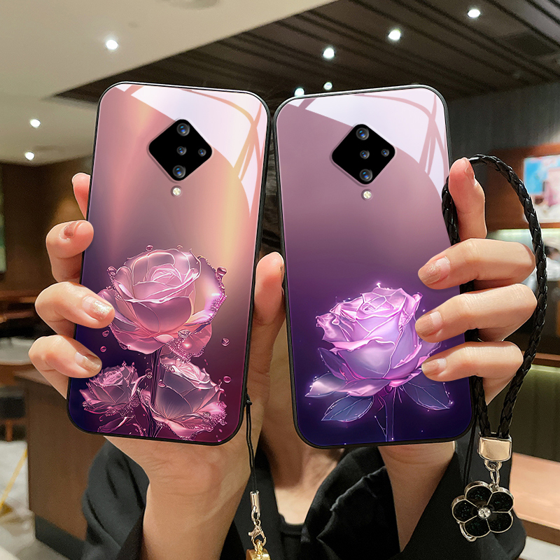 蔷薇玫瑰适用vivoy9s手机壳y7s玻璃y5女款Y10情侣vivo新款浪漫挂