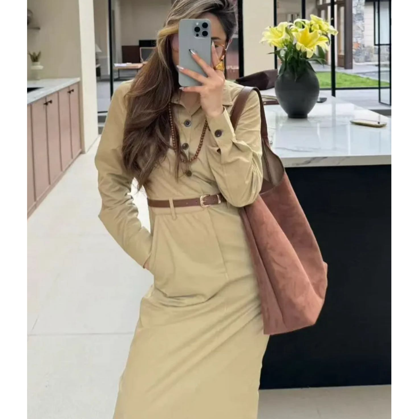 【MADANIYAT专属】时尚显瘦高腰休闲法式工装瘦腰长款连衣裙长袖